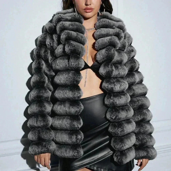 Grey Women's Open Front Fuzzy Coat - Picture 7 of 7